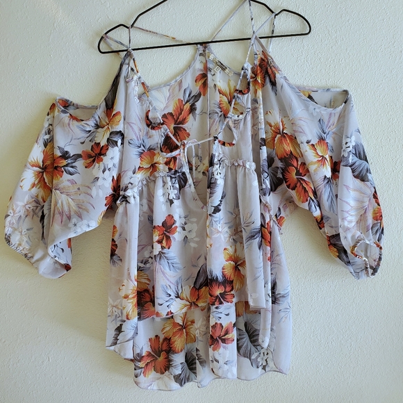 gimmicks by BKE Tops - Gimmicks Flowey Sheer Floral Cold Shoulder Blouse